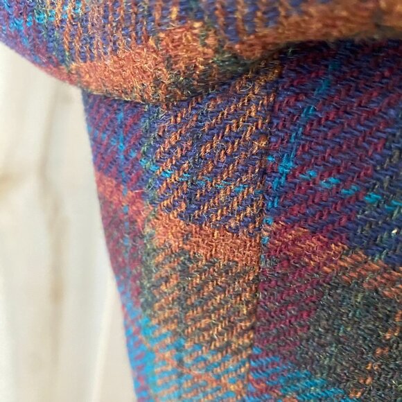 VTG 90s colorful plaid wool oversized blazer leather trim S academia old money - Picture 11 of 14